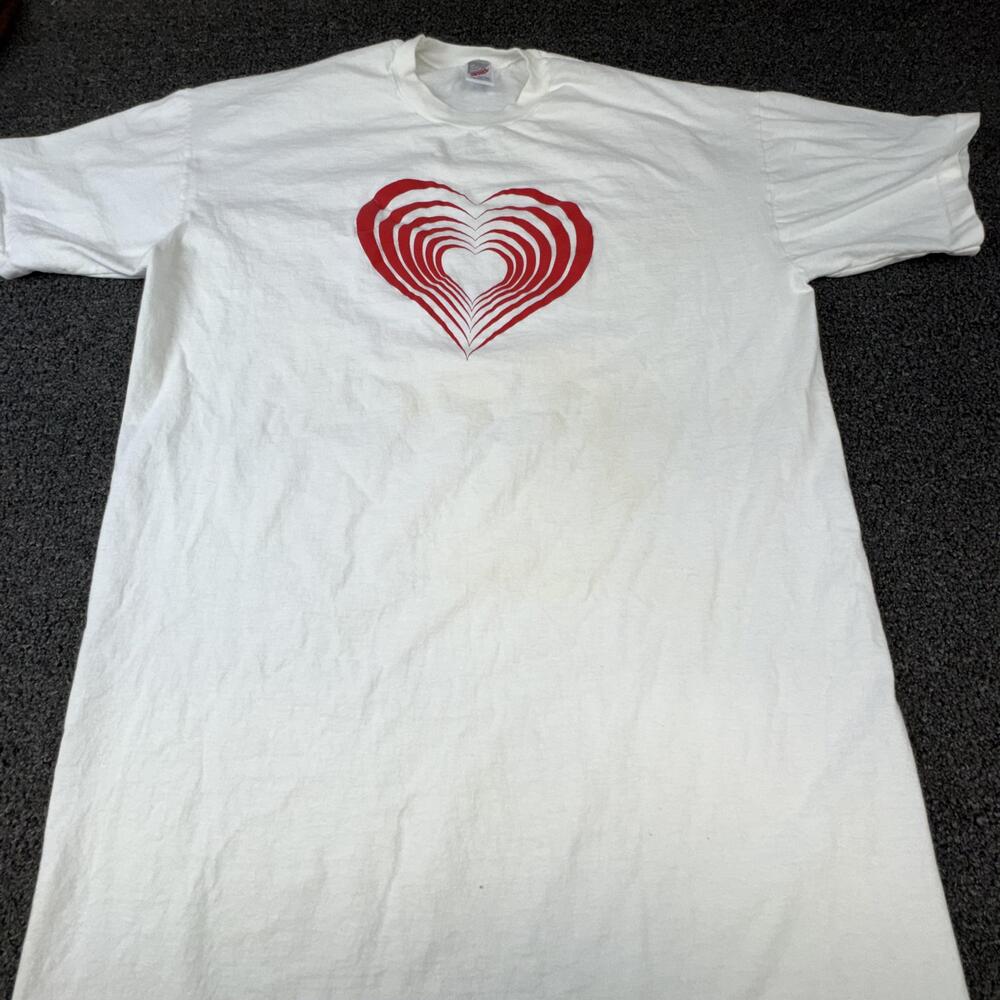 Vtg JERZEES Shirt Mens One Size White Heart Graphic Crew Neck Cotton Jersey